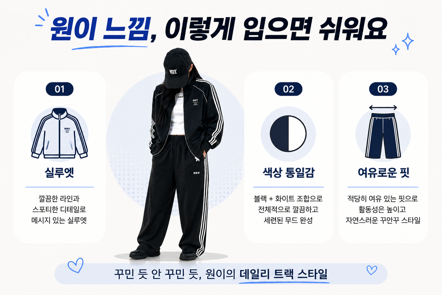 원이 거제 츄리닝 스타일을 참고한 여자 트랙 셋업 꾸안꾸 코디 이미지