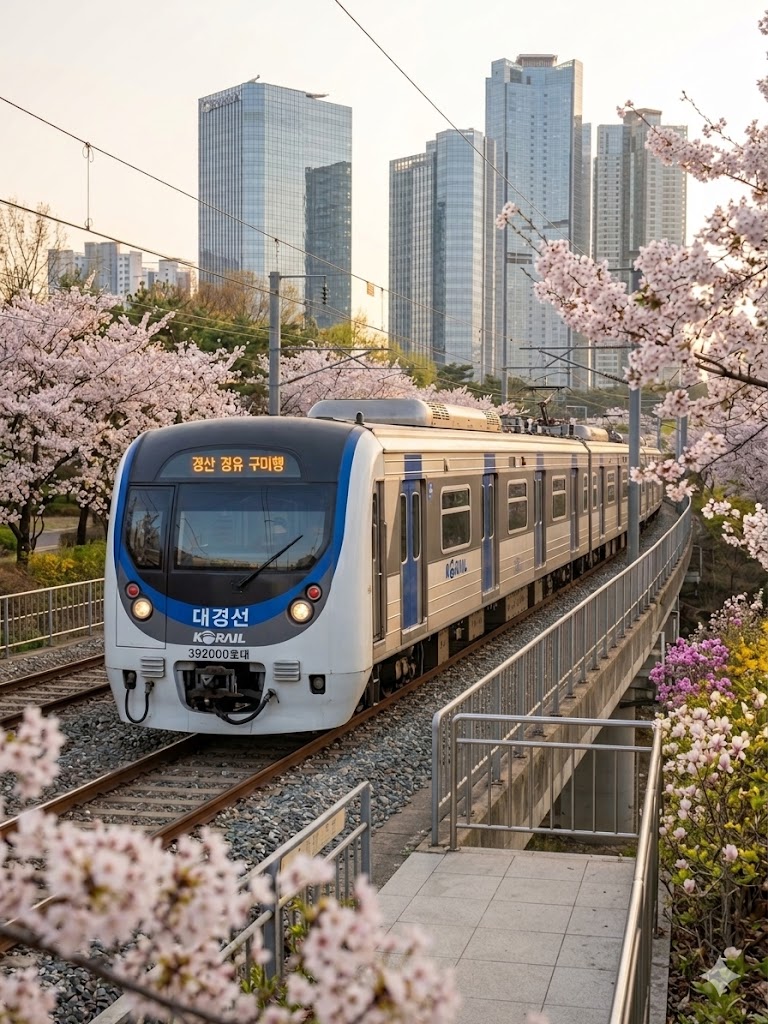 벚꽃이 핀 도심 풍경 속을 달리는 대경선 전철 이미지