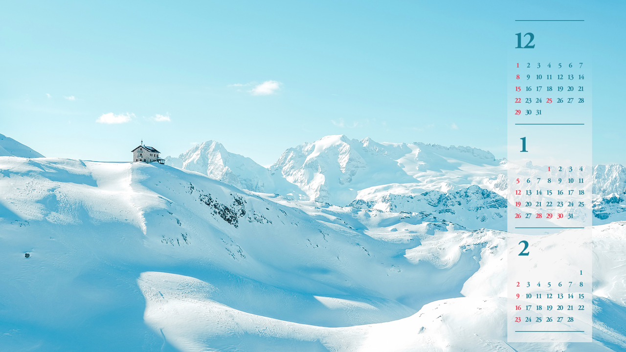 01 눈 덮인 산 위에 집 B - 2025년1월 노트북배경화면