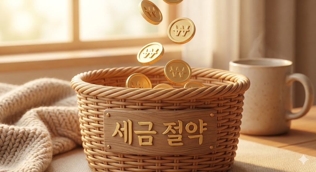 금화를 절세라는 바구니에 차곡차곡 담는 저축 이미지