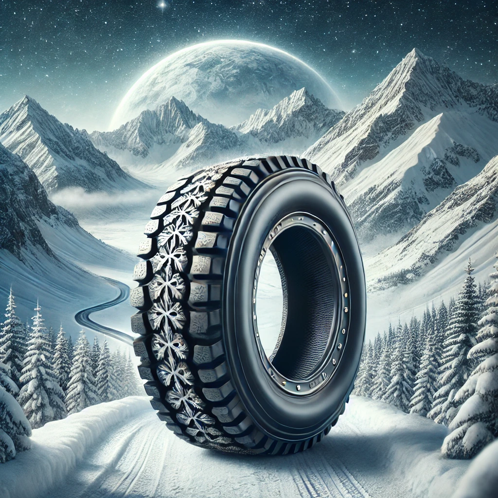 눈 덮인 산길을 위한 스노우 타이어와 배경 산 풍경