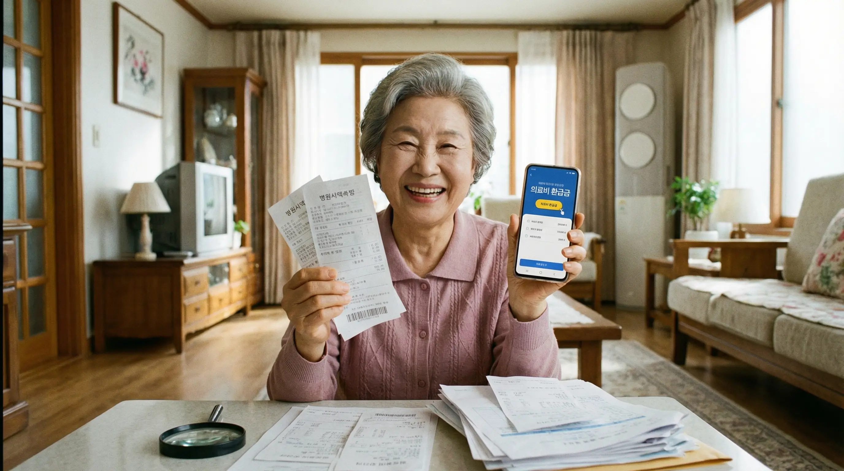병원비 영수증을 확인하며 환급금을 조회하고 기뻐하는 어르신의 모습, 의료비 걱정 해소