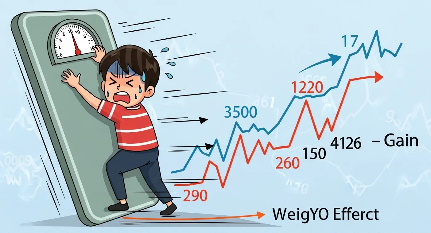 급격한 체중 변화와 좌절감을 겪는 사람을 통해 요요 현상을 시각적으로 표현한 이미지. 체중계 위에서 힘겹게 오르내리는 모습과 반복되는 체중 변화 패턴이 보입니다.