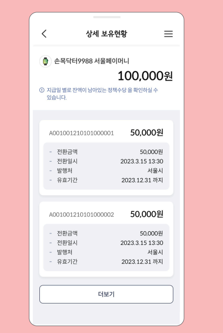 손목닥터 9988 포인트 사용 (서울페이 전환 방법)과 관련된 서울페이 사용하는 과정설명 중 일부 화면 캡처