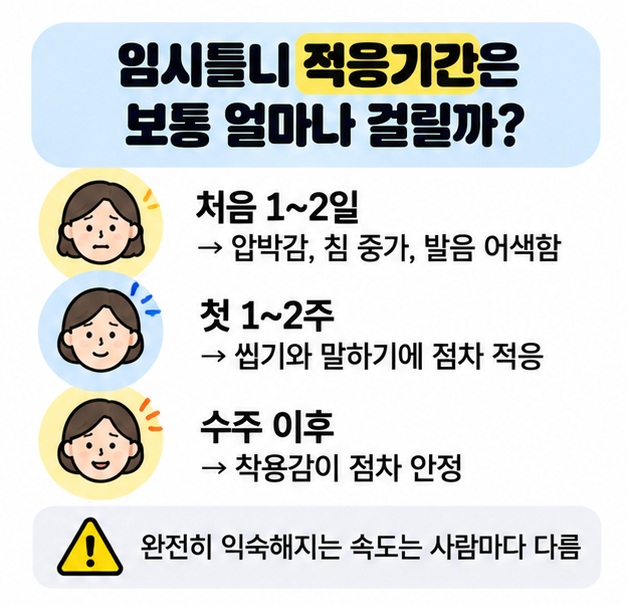 임시틀니 적응기간별 흔한 변화와 적응 요령 안내 카드