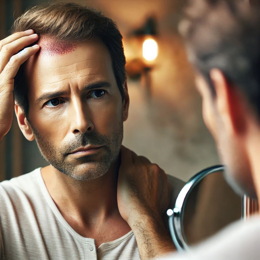 붓고 멍든 모발 이식 부위를 확인하는 환자 모습