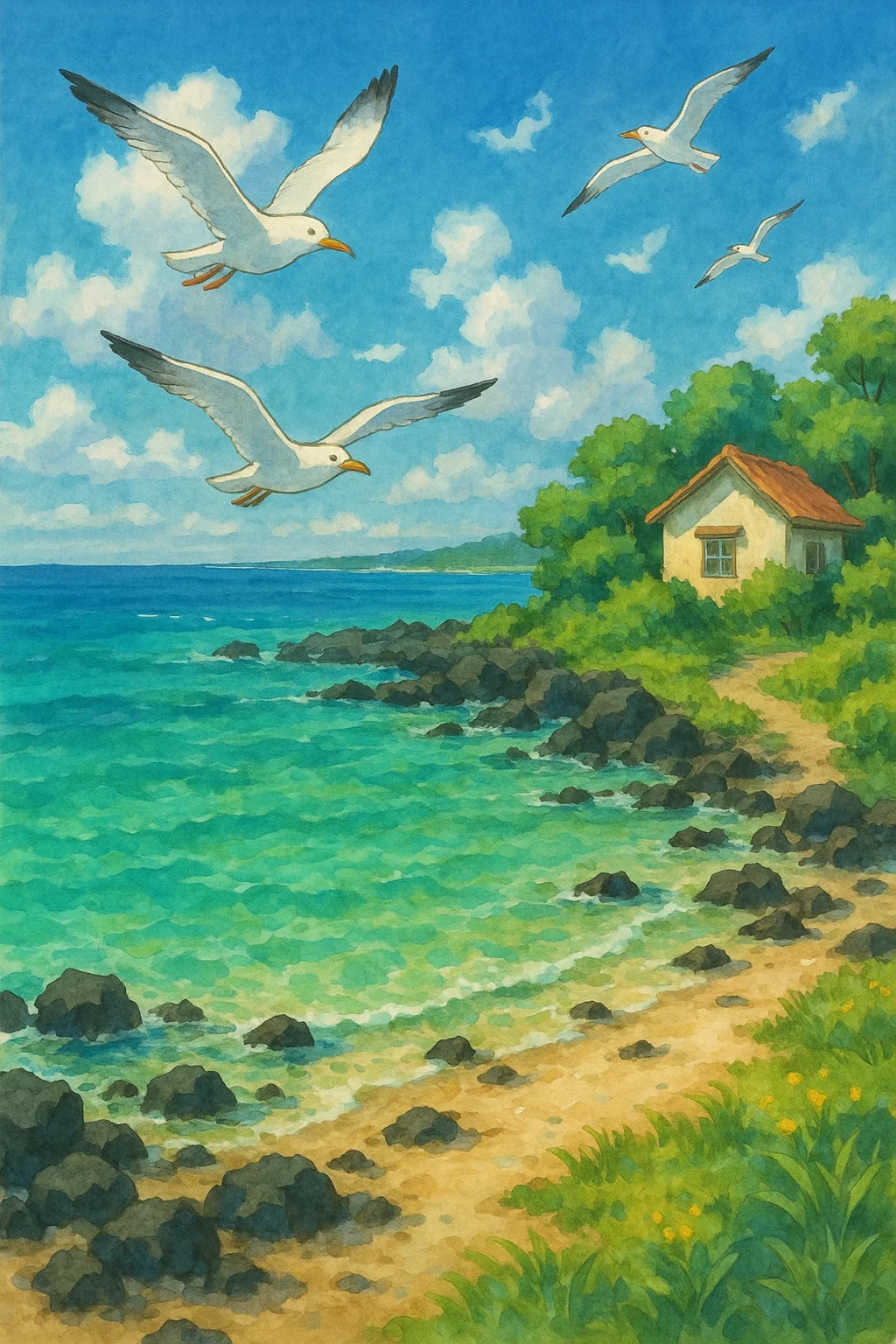 지브리 감성, 수채화 스타일 프롬프트 모음, 제주도 바닷가, GPT 5 무료 이미지 생성