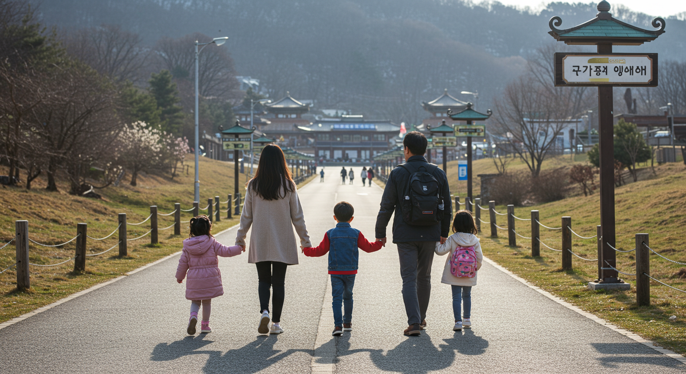 강원도 여행 후 가족이 손잡고 걷는 뒷모습, 다음 여행을 기대하는 듯한 풍경
