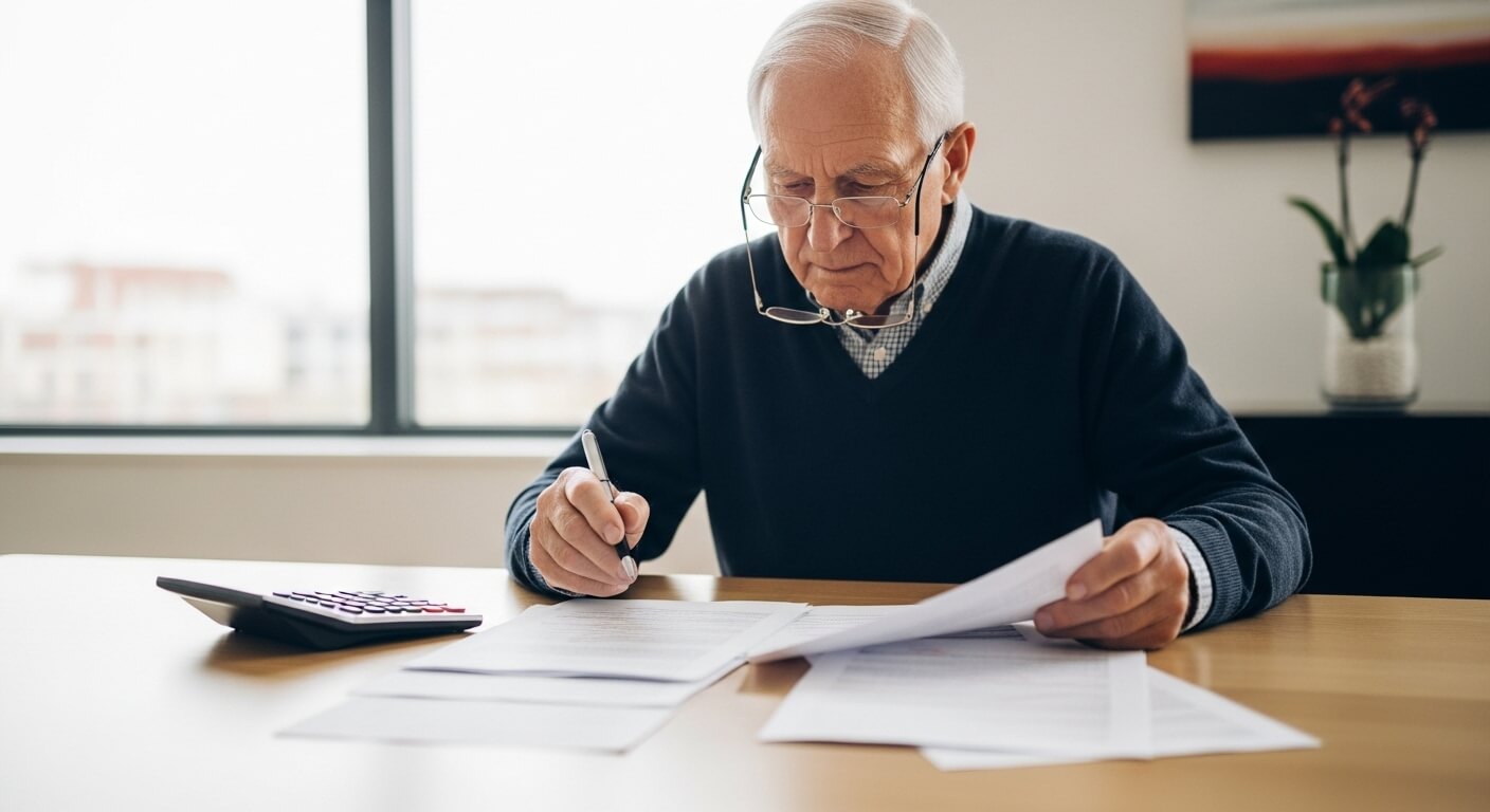 노인이 계산기와 서류를 확인하며 근로장려금 신청서를 작성하는 모습