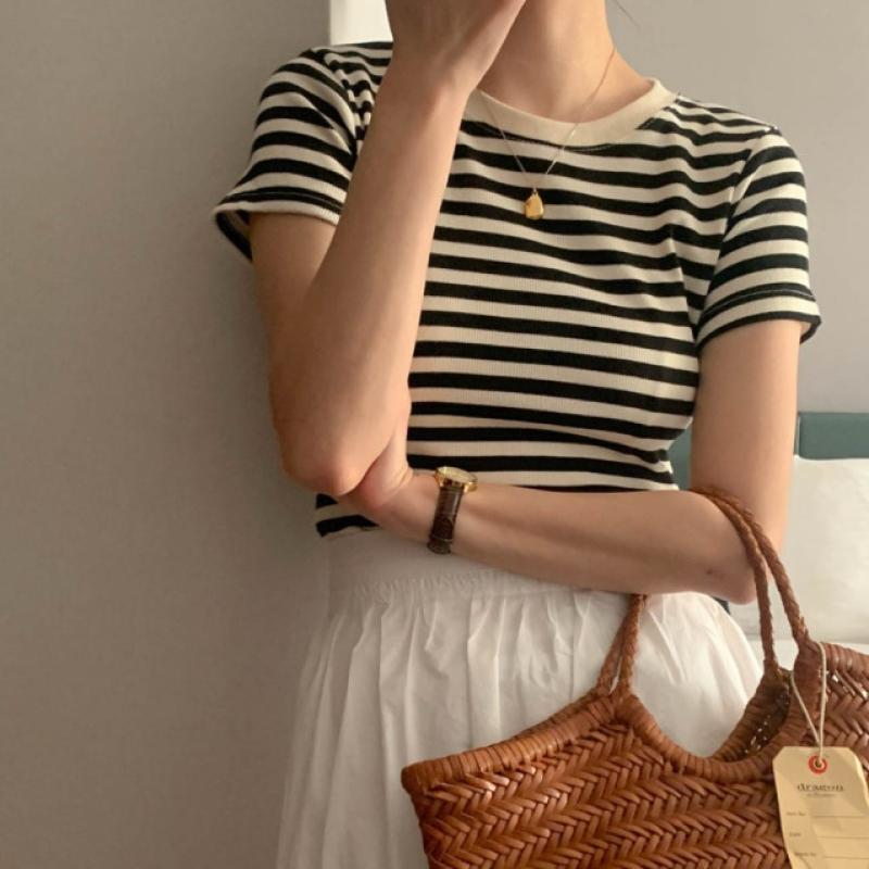 A 마들렌 스트라이프 반팔 티셔츠 여름 여성 반팔티 8c