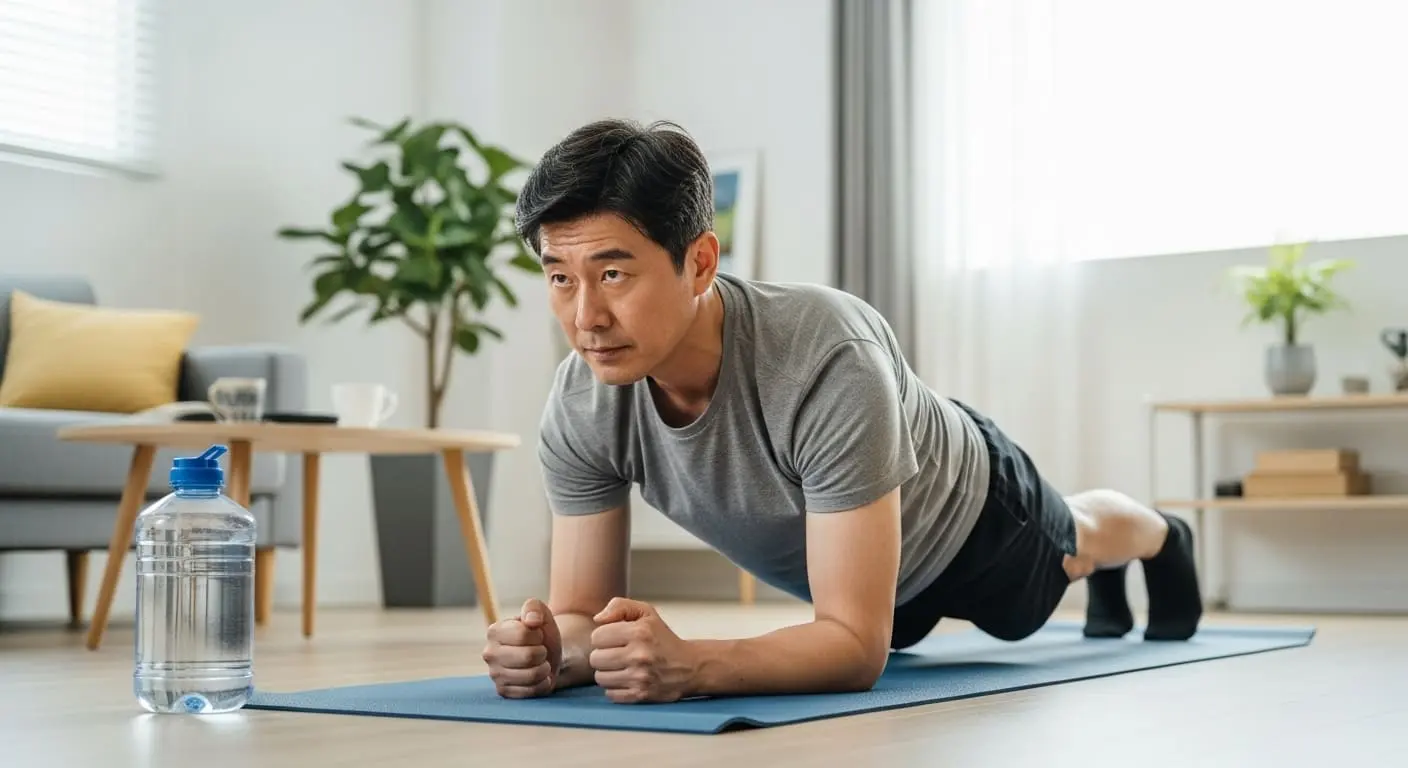 7일 챌린지 중, 집에서 플랭크 운동과 물 마시기를 실천하는 중년 남성.