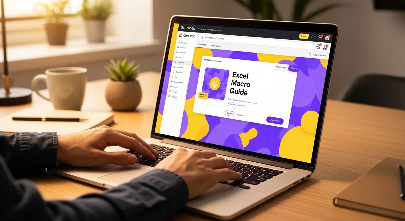 집에서 온라인 강의 콘텐츠를 만들고 디지털 상품을 판매하는 모습, 노트북 화면에 엑셀 매크로 강의 화면이 보임