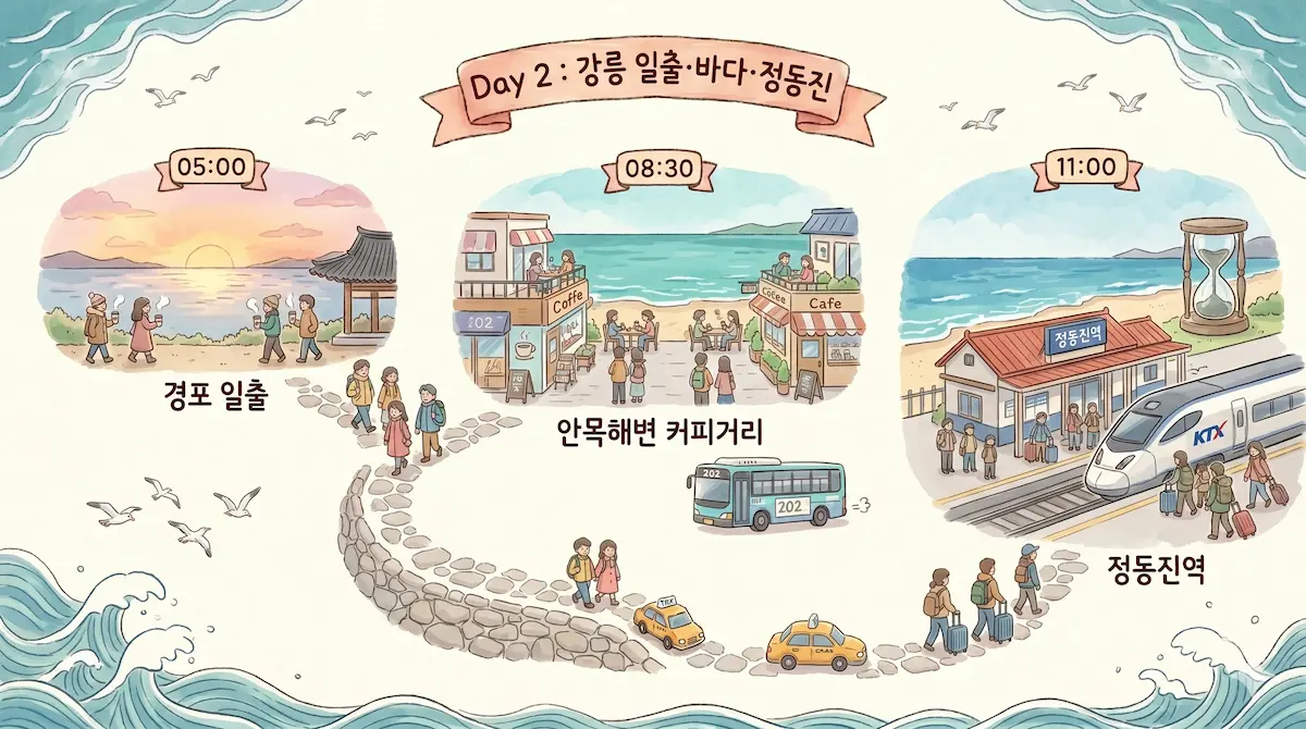 강릉 뚜벅이 1박 2일 코스 동선 한눈에 보기 - KTX 강릉역에서 시작해 중앙시장 오죽헌 아르떼뮤지엄 초당두부마을 강문해변 경포 정동진까지