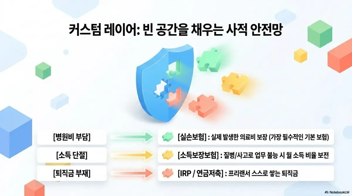 프리랜서 4대보험: 4대보험 사각지대를 메우는 사적 안전망으로 병원비 부담에는 실손보험 소득 단절에는 소득보장보험 퇴직금 부재에는 IRP와 연금저축을 매칭하여 방패 퍼즐 조각을 채우는 구조로 정리한 이미지. 프리랜서 대안 보험 3가지 조합을 시각적으로 전달하며 블로그의 프리랜서가 스스로 챙겨야 할 보험과 관련된 내용을 설명함