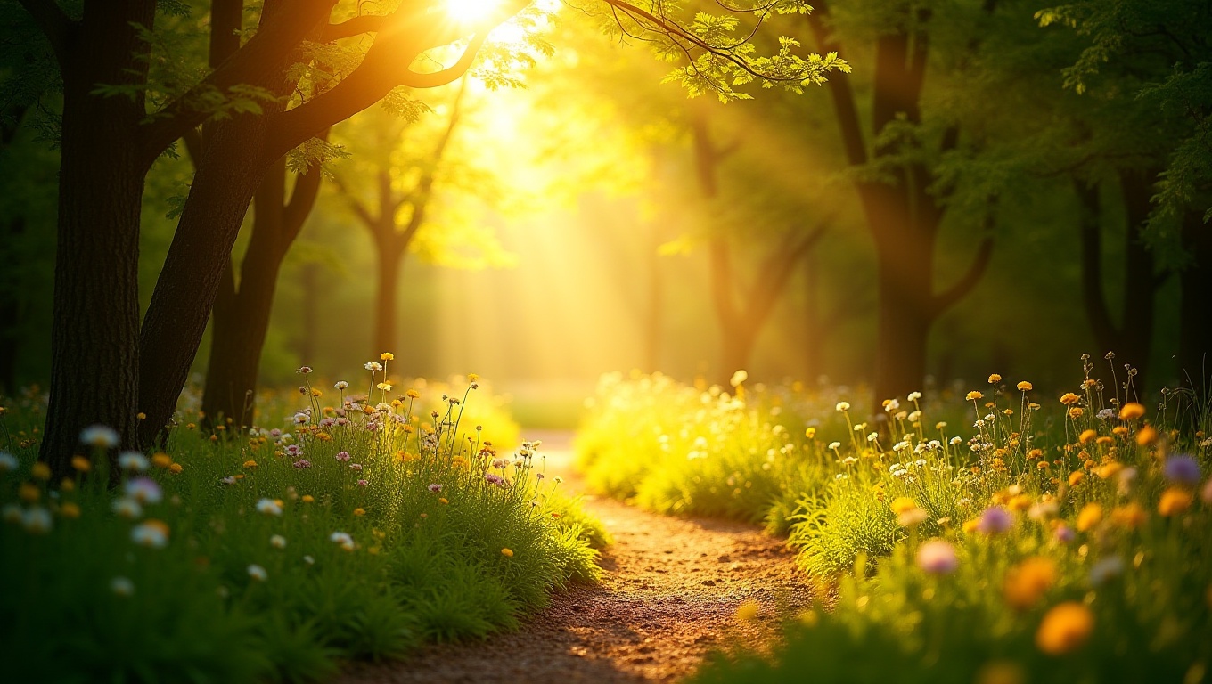 환한 햇살이 비추는 숲속의 모습