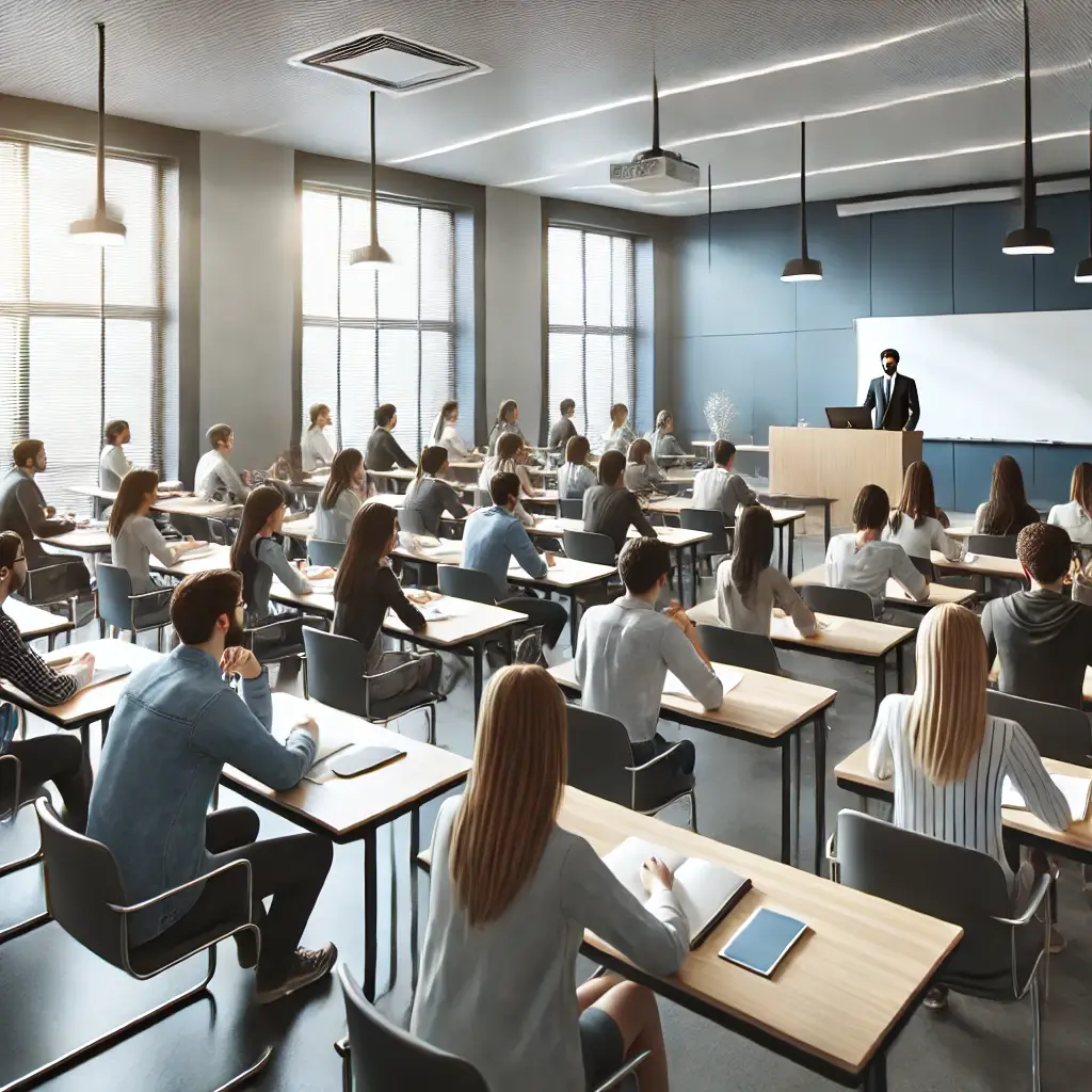 강의실에서 교육을 듣고 있는 여러 사람의 모습.