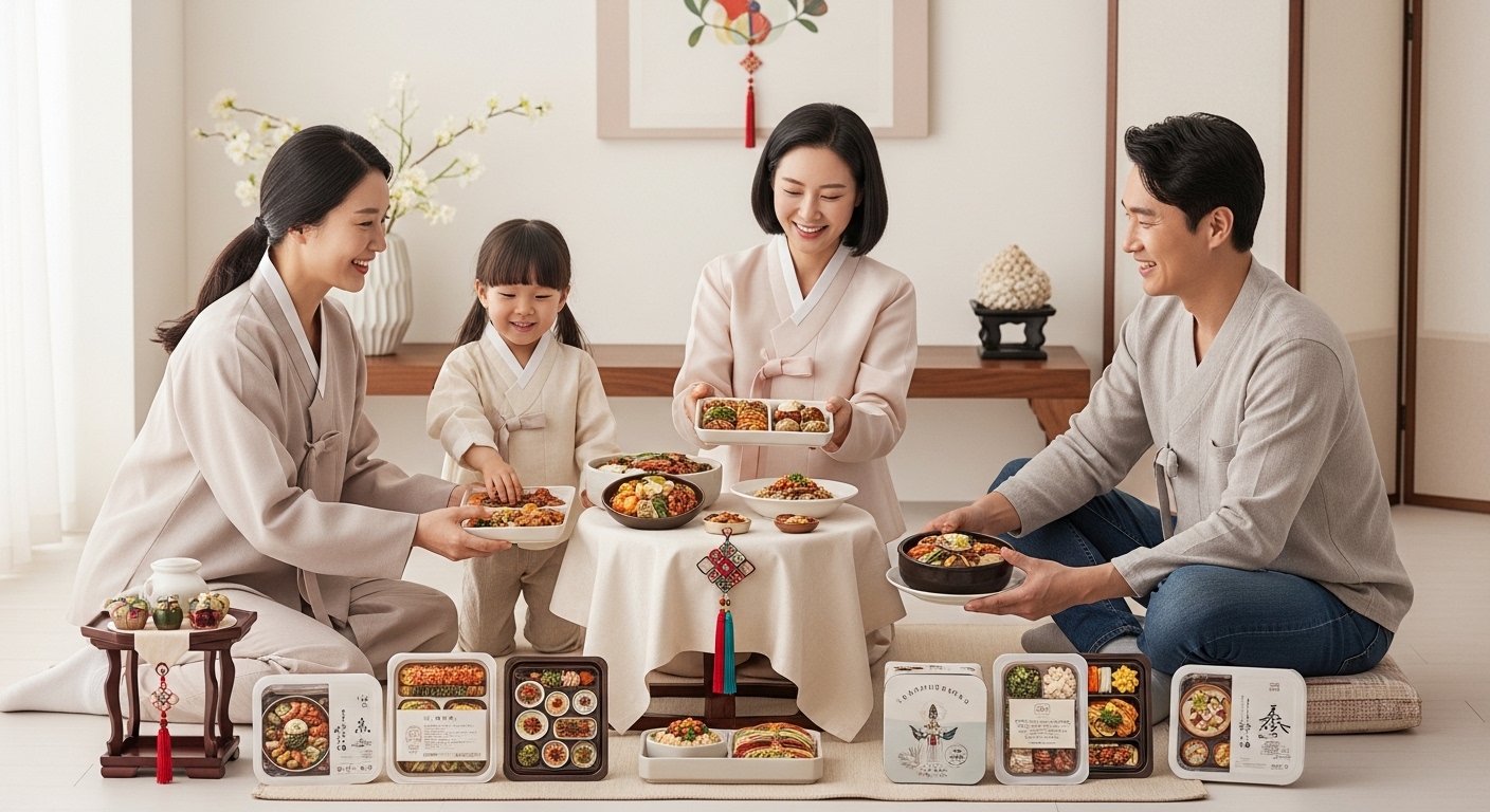 2026년 설날, 핵가족이 간편 차례상 밀키트로 빠르고 행복하게 상을 차리는 모습