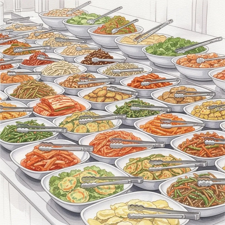 다채로운 한식 반찬들이 놓인 뷔페 라인