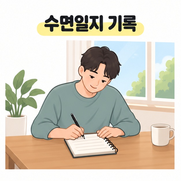 수면일지 기록 문구 아래에서 아침 햇빛이 드는 창가의 탁자에 앉아 펜으로 메모장에 기록하는 사람을 보여 주는 그림