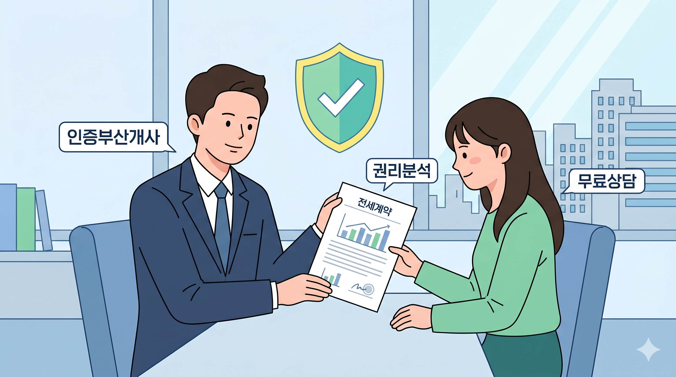 한국 공인중개사와 함께 전세사기 예방 무료 상담을 받는 모습