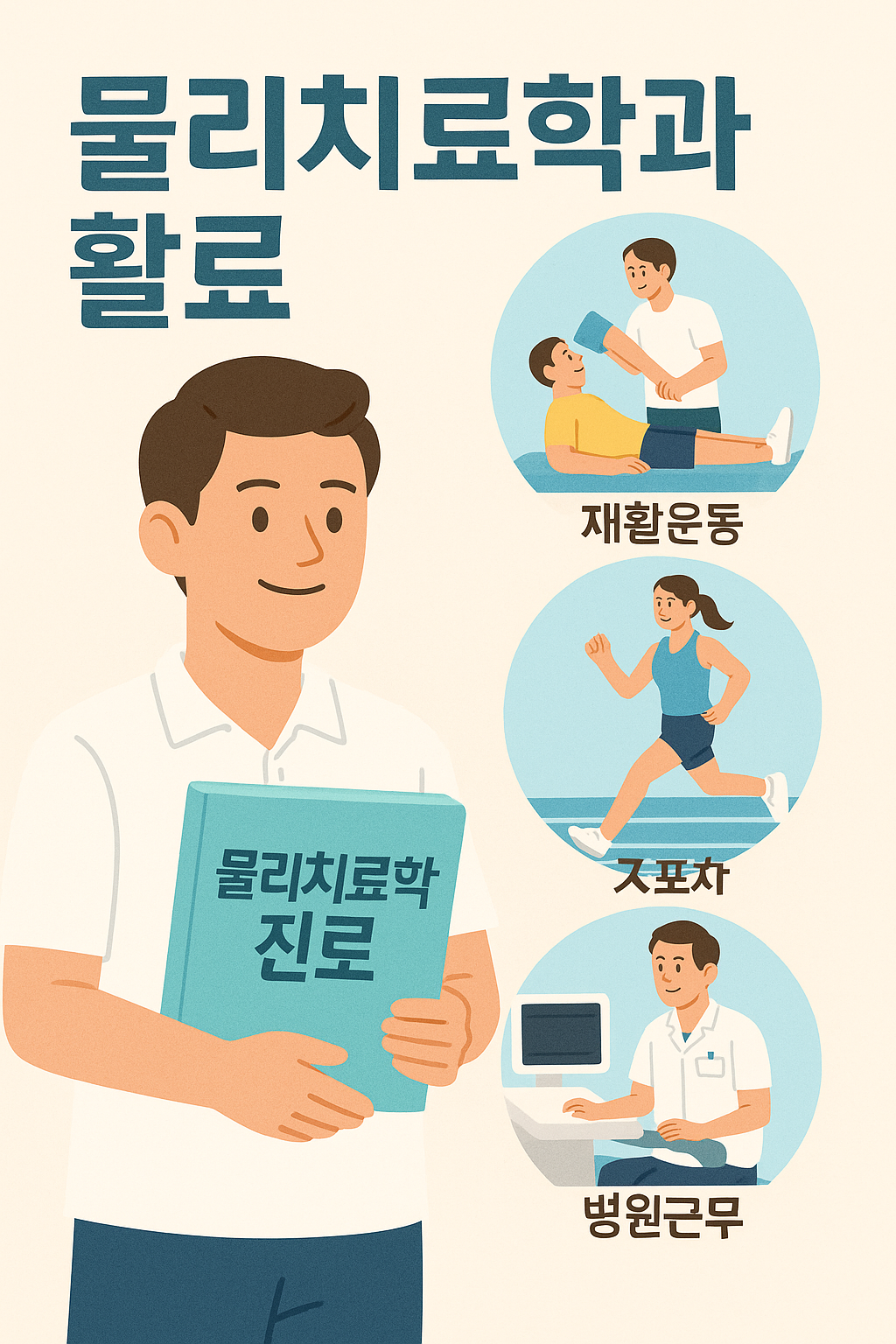 '물리치료학 진로' 책을 든 남성과 함께 재활운동, 스포츠, 병원근무 분야를 밝은 일러스트로 표현한 진로 안내 포스터