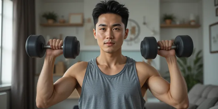 덤벨로 상체 운동을 하고 있는 남성의 진지한 모습