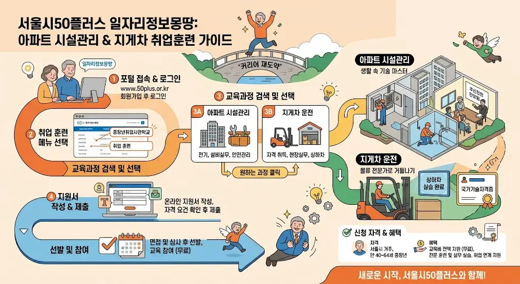서울시50플러스 일자리정보몽땅에서 아파트 시설관리와 지게차 중장년 취업훈련을 신청하는 방법