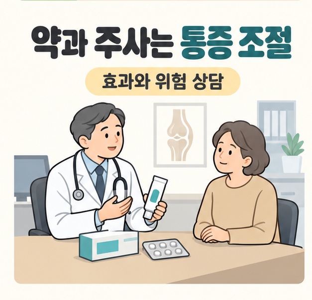 약과 주사는 통증 조절이라는 문구 아래 의사가 여성에게 바르는 약을 들어 보이며 상담하고 책상에는 약 포장과 알약이 놓인 모습