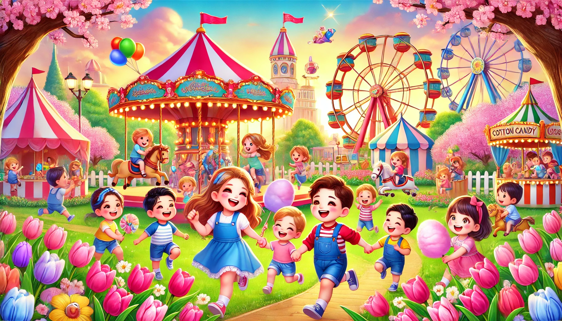 테마파크에서 놀고 있는 어린이들의 이미지