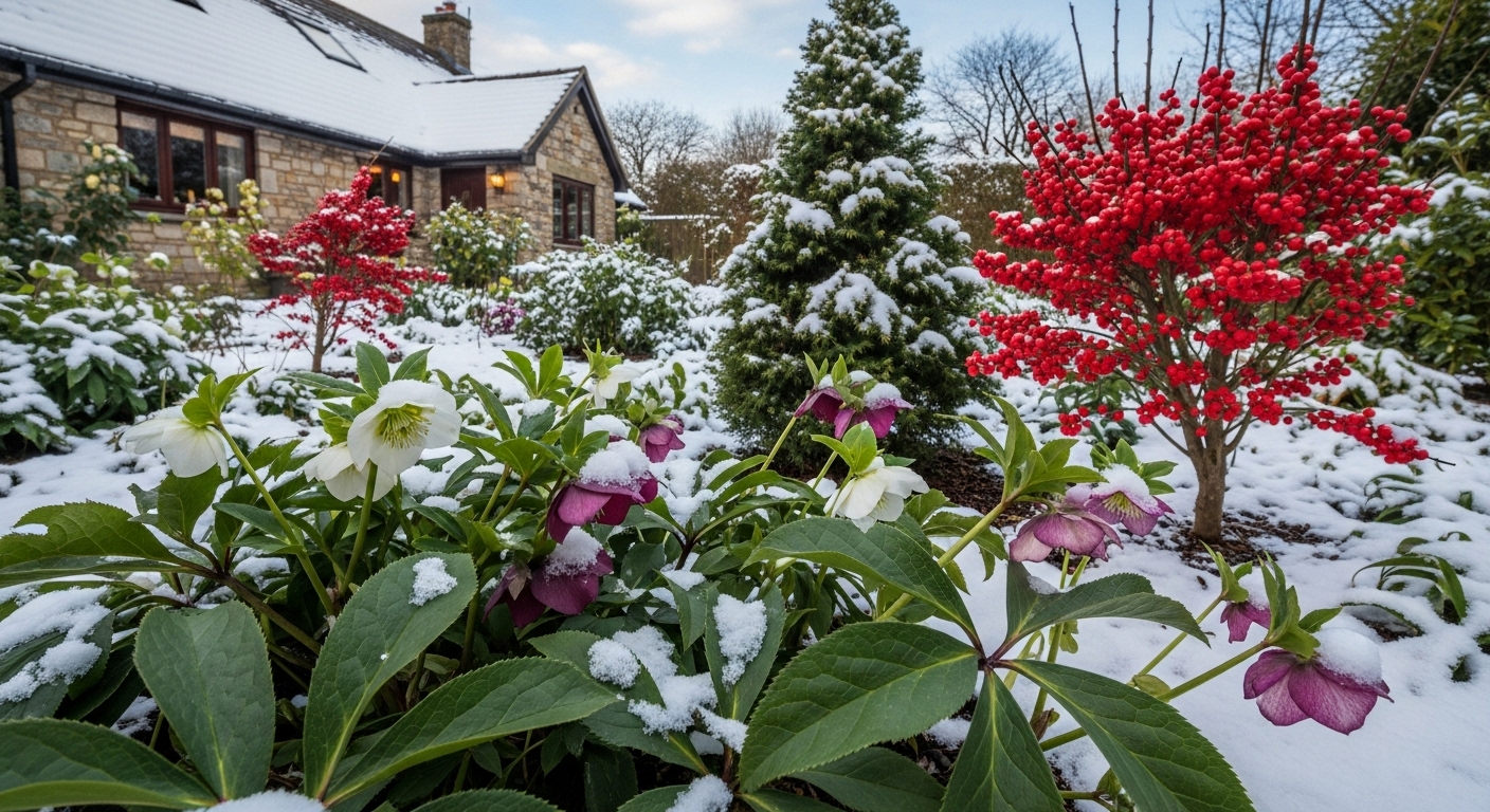눈이 살짝 쌓인 겨울 정원에서 강인하게 자라는 다양한 내한성 식물들. 녹색 잎과 붉은 열매, 헬레보루스 같은 꽃들이 어우러져 활기찬 겨울 풍경을 이룹니다.