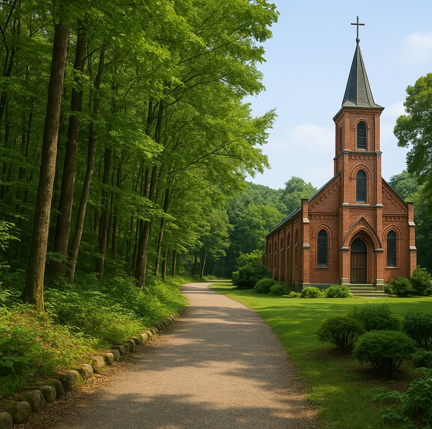 성당이 보이는 산속 사진