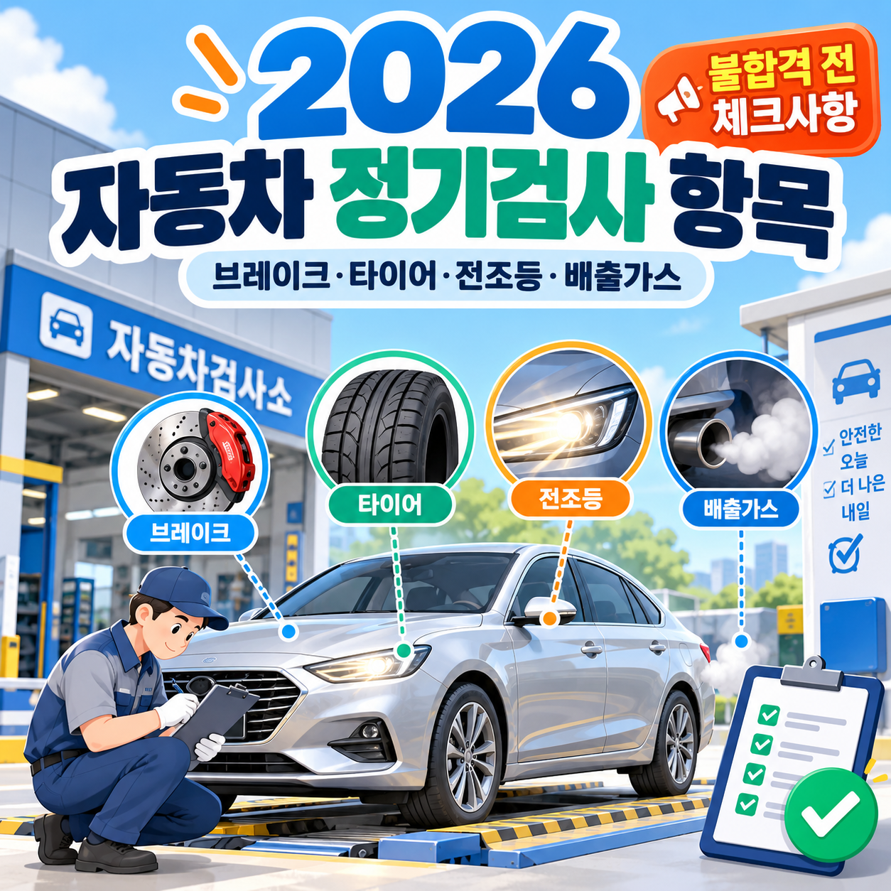 2026 자동차 정기검사 항목 ❘ 브레이크&middot;타이어&middot;전조등&middot;배출가스, 불합격 전 체크사항