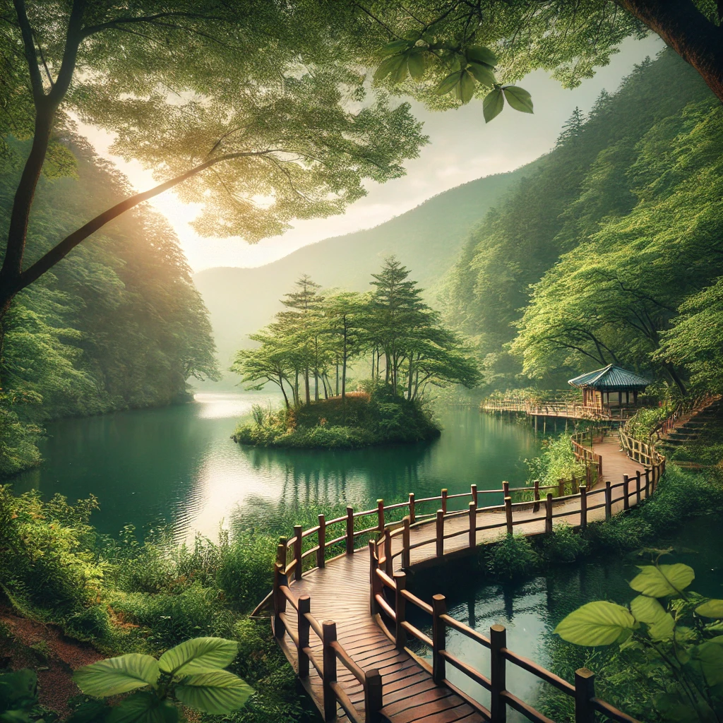 산과 강을 지나는 산책로 이미지