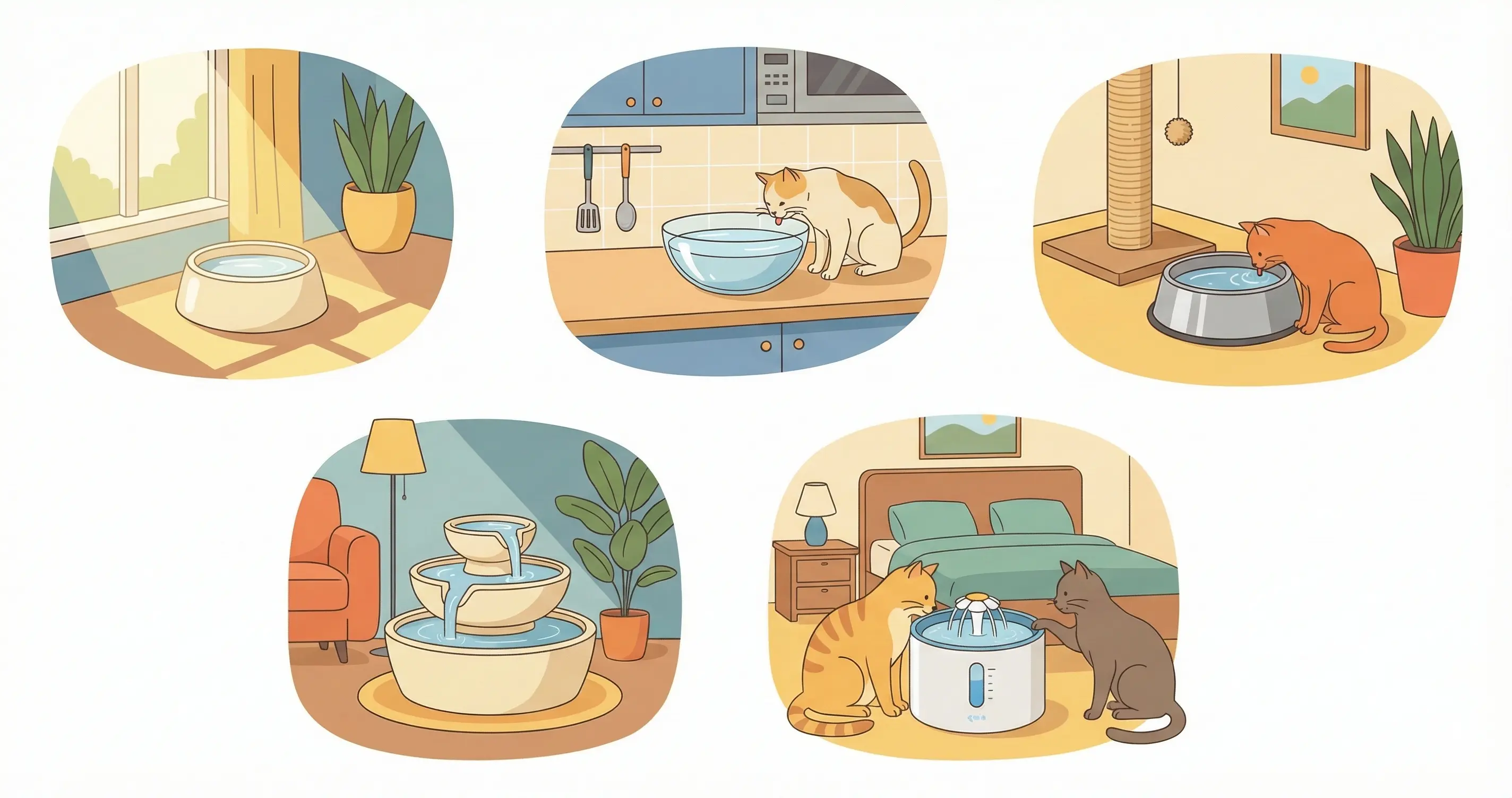 집안 곳곳에 배치된 다양한 소재의 고양이 물그릇과 정수기