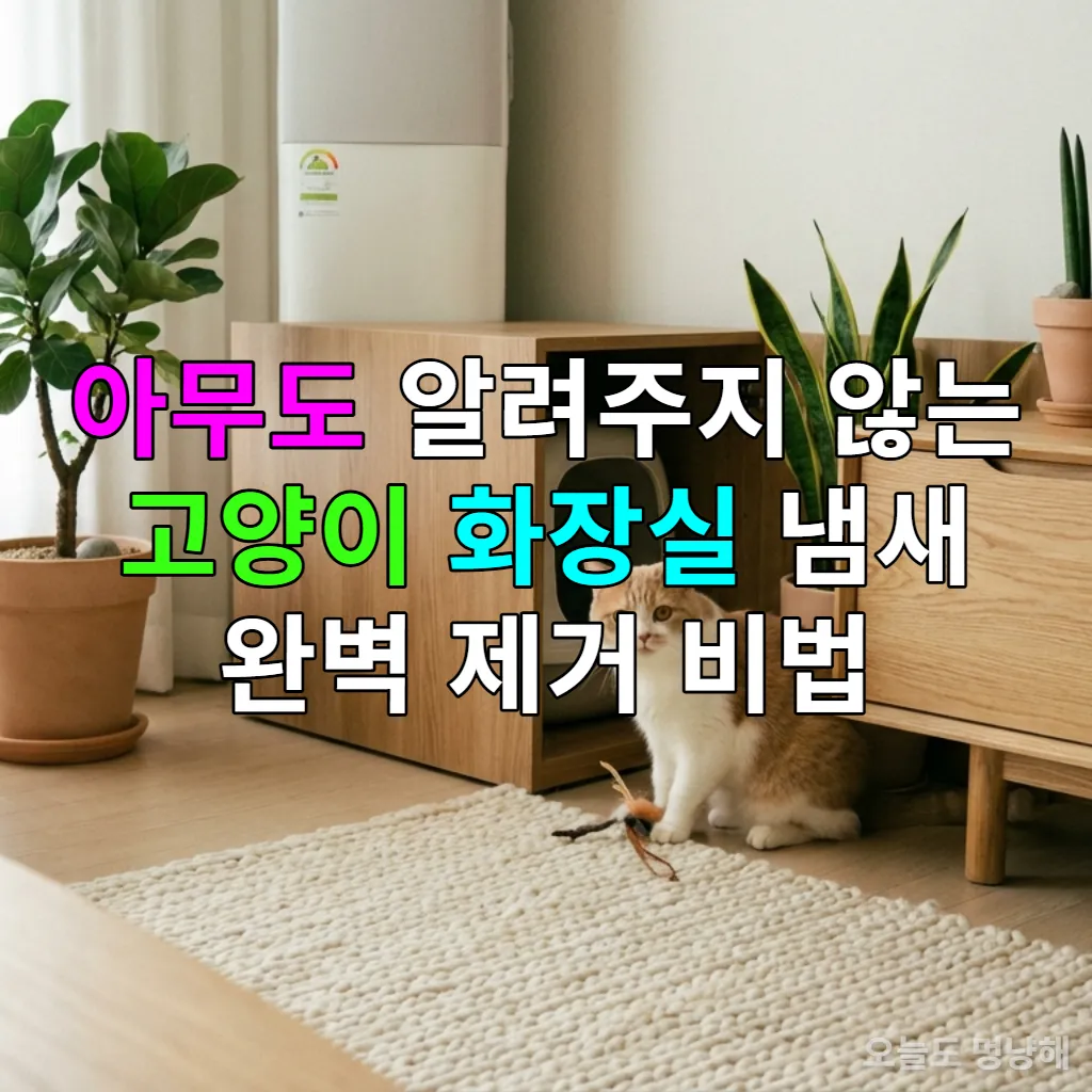 쾌적하고 냄새 없는 한국 가정집 거실에 놓인 깔끔한 고양이 화장실과 귀여운 고양이