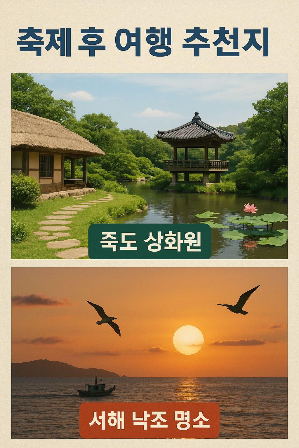 홍성 남당항 대하축제 이후 추천 여행지, 죽도 상화원의 전통 정원 풍경과 서해 낙조 명소의 아름다운 석양