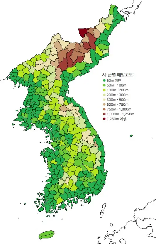대한민국-해발고도-색깔별-구분