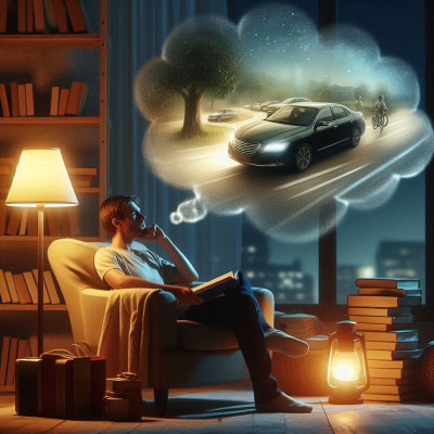 사람들의 꿈속에 나타난 자동차를 상상하며 차별화된 꿈을 꾸고 있는 장면입니다.