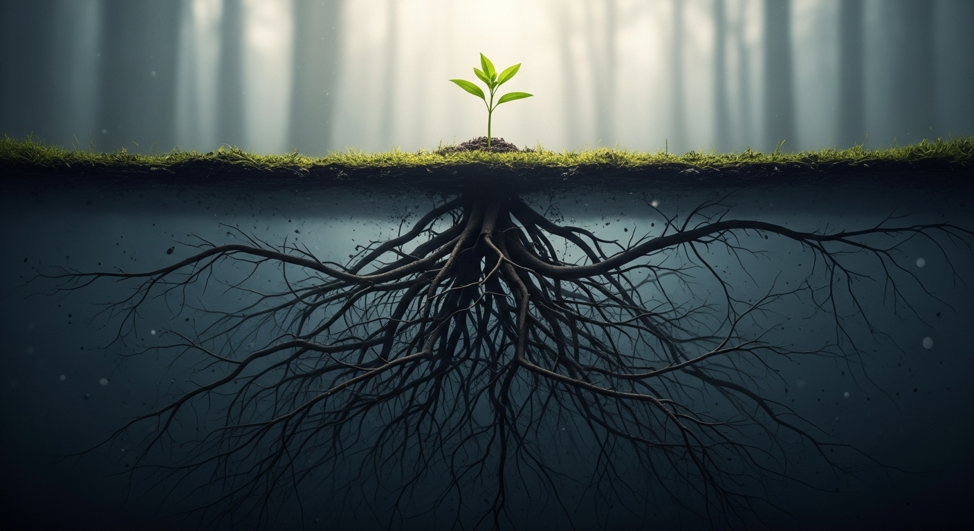 땅속의 엉킨 뿌리와 그 위로 돋아난 새싹을 통해 자기혐오의 근원과 극복 가능성을 상징적으로 표현.