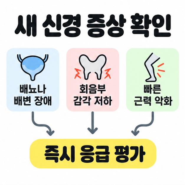 방광과 골반, 다리 그림으로 배뇨나 배변 장애와 회음부 감각 저하 및 빠른 근력 악화를 나타내고 각각 즉시 응급 평가로 연결한 도식