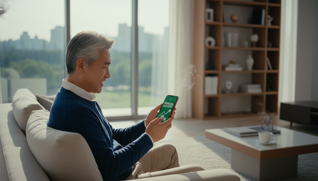밝고 현대적인 거실에서 스마트폰 화면의 금융 성공 알림을 보며 미소 짓는 자신감 넘치는 55세 한국 남성의 자연스러운 스냅샷. 따뜻한 햇살, 아웃포커싱, 고해상도, 사실적인 스타일.