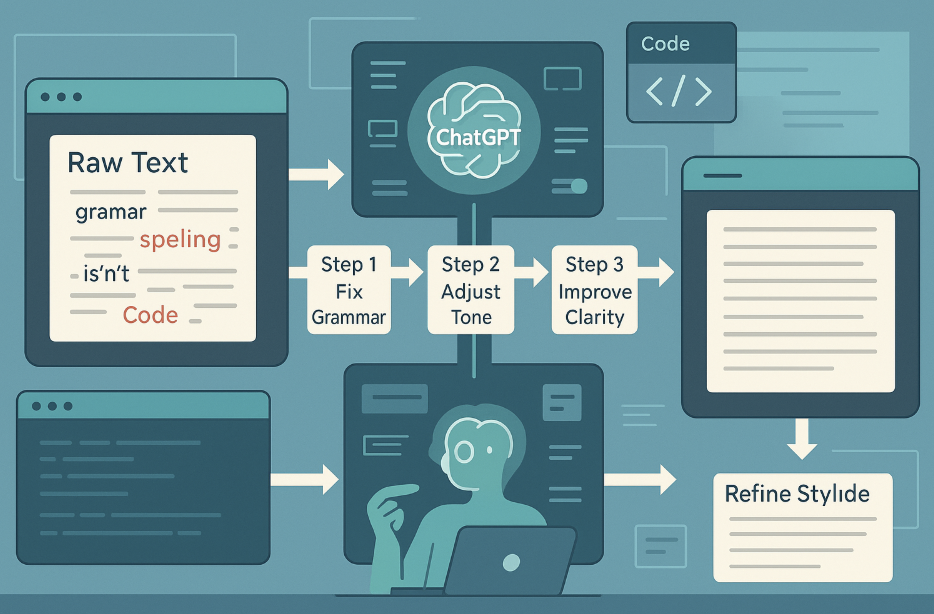 "챗GPT로 구현하는 맞춤형 글 교정 파이프라인" 묘사 이미지