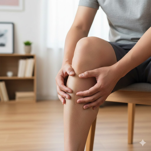 중년 남성이 의자에 앉아 양손의 엄지와 검지를 맞대어 자신의 종아리 가장 굵은 부분을 둥글게 감싸며 근육량을 자가 측정하는 모습.