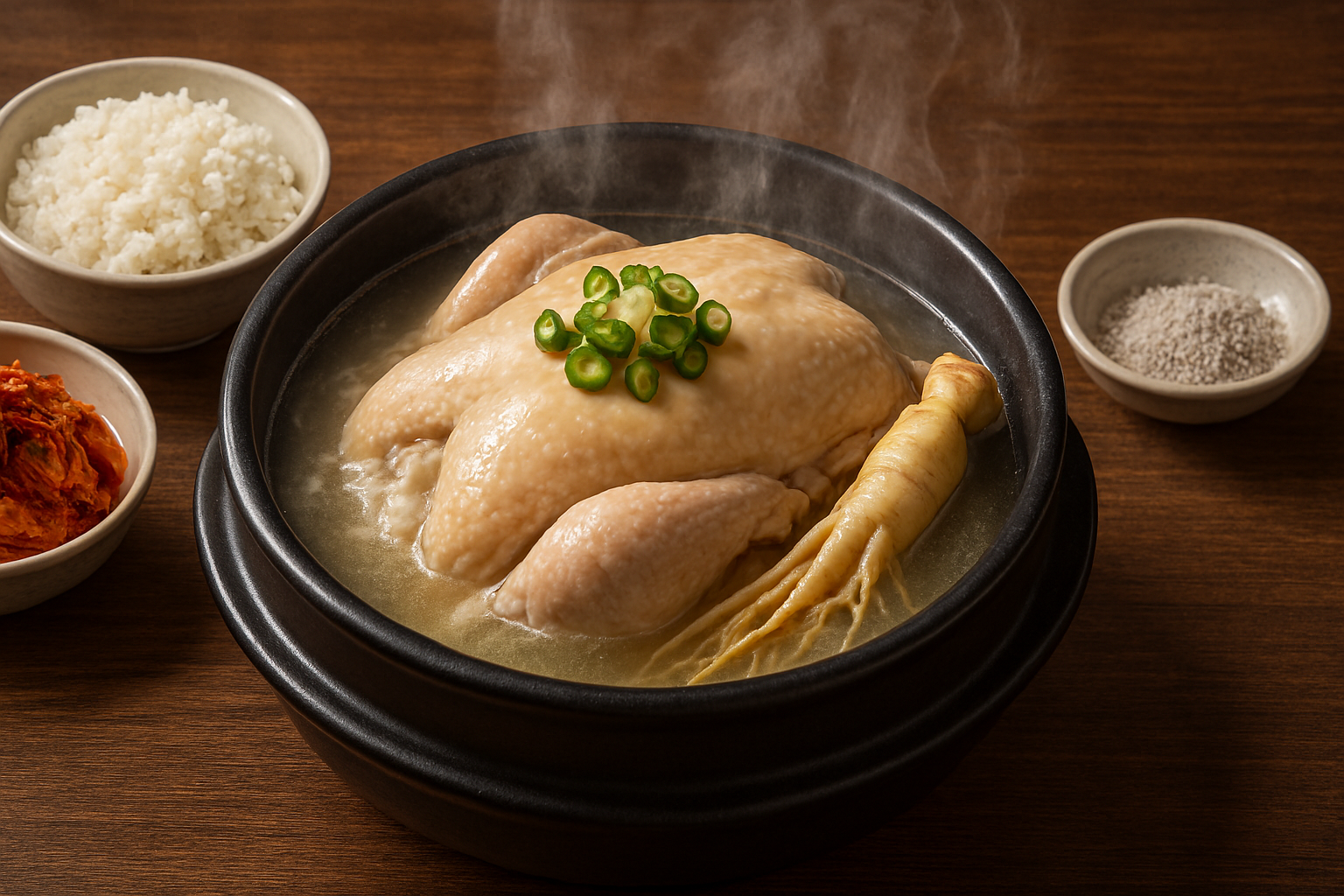 따끈한 국물과 닭, 인삼, 찹쌀이 들어간 전통 삼계탕 그릇 이미지