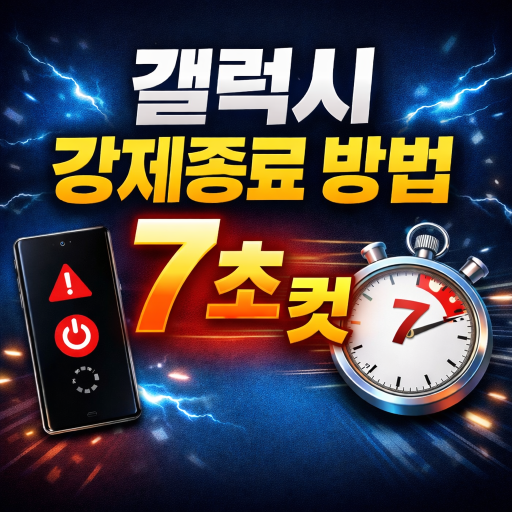 갤럭시 스마트폰이 멈췄을 때 강제 종료하는 방법을 안내하는 이미지로, 스마트폰 아이콘과 스톱워치, &lsquo;갤럭시 강제종료 방법 7초 컷&rsquo; 문구가 중앙에 배치된 정사각형 썸네일