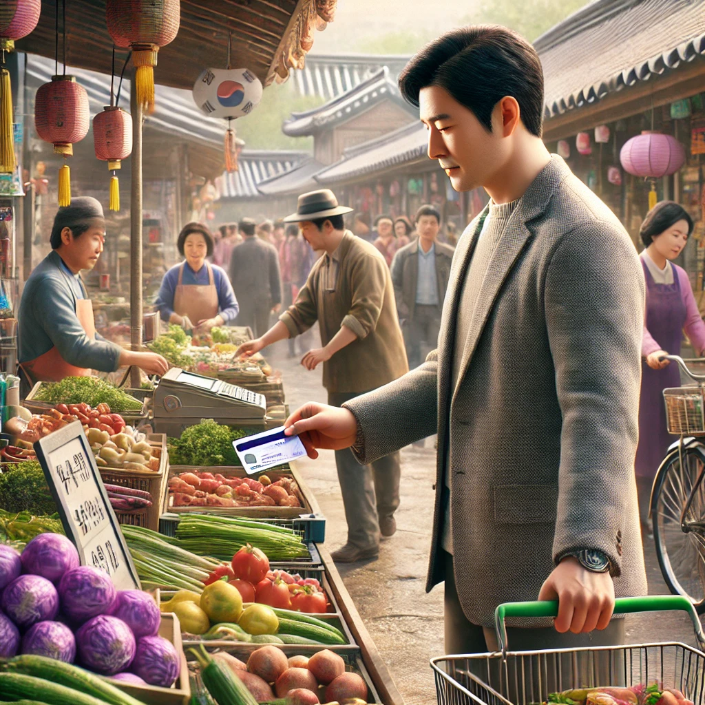 전통시장에서 카트를 끌며 문화누리카드를 들고 있는 한국 남성. 신선한 채소와 과일이 가득한 시장 풍경.