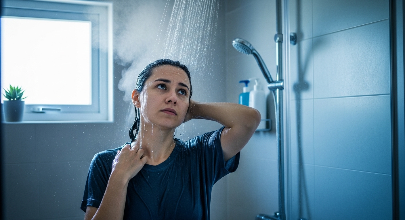샤워를 하며 숙취 해소 효과에 대해 생각하는 듯한 사람의 모습. 욕실은 깨끗하고 차분한 블루-그레이 톤입니다.