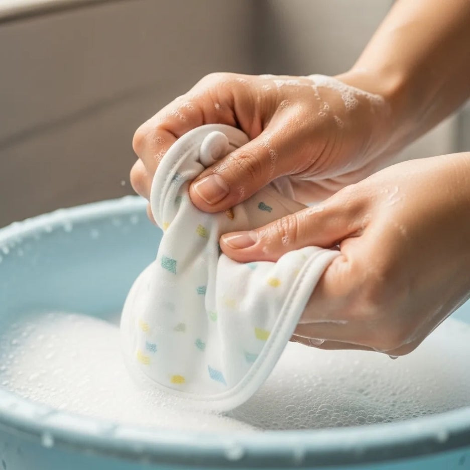 아기 빕을 조심스럽게 손세탁하는 모습