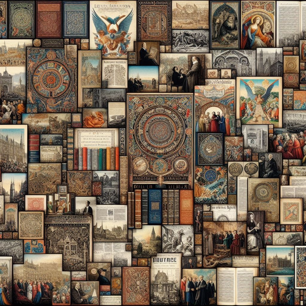 책이 기하학적으로 배치되어 있다. 출판의 역사를 나타내는 일러스트