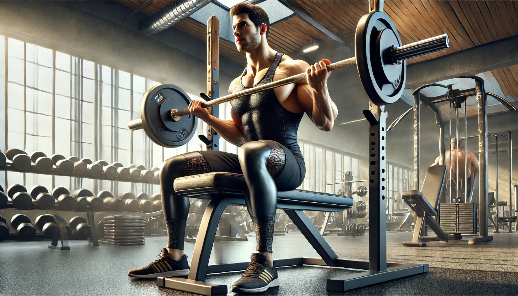 현대적인 체육관에서 운동 벤치에 앉아 바벨 컬을 수행하는 사람. 단단한 팔 근육과 집중한 표정이 돋보이며, 체육관 장비와 자연광이 조화를 이루는 운동 공간.